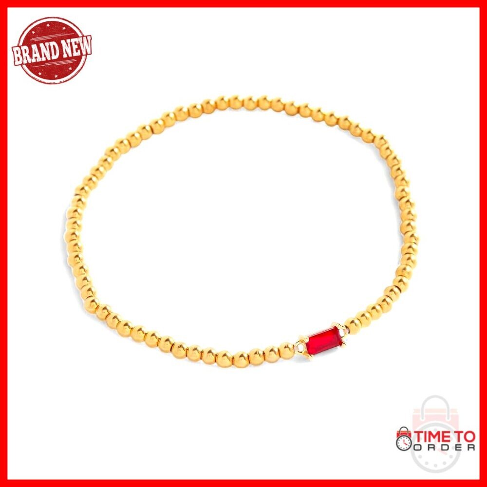 Gold Beaded Birthstone Bracelet, 18k Gold Plated Stainless Steel, Stretch Fit